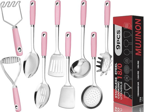18/0 Stainless Steel Cooking Utensils Set, Heavy Duty Pink Handle by MUJINON