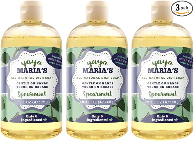 Yaya Maria's Natural Liquid Dish Soap, Only 6 Ingredients, 100% Nontoxic, Compare to Any Other Dish Soap, 3-Pack (Spearmint)
