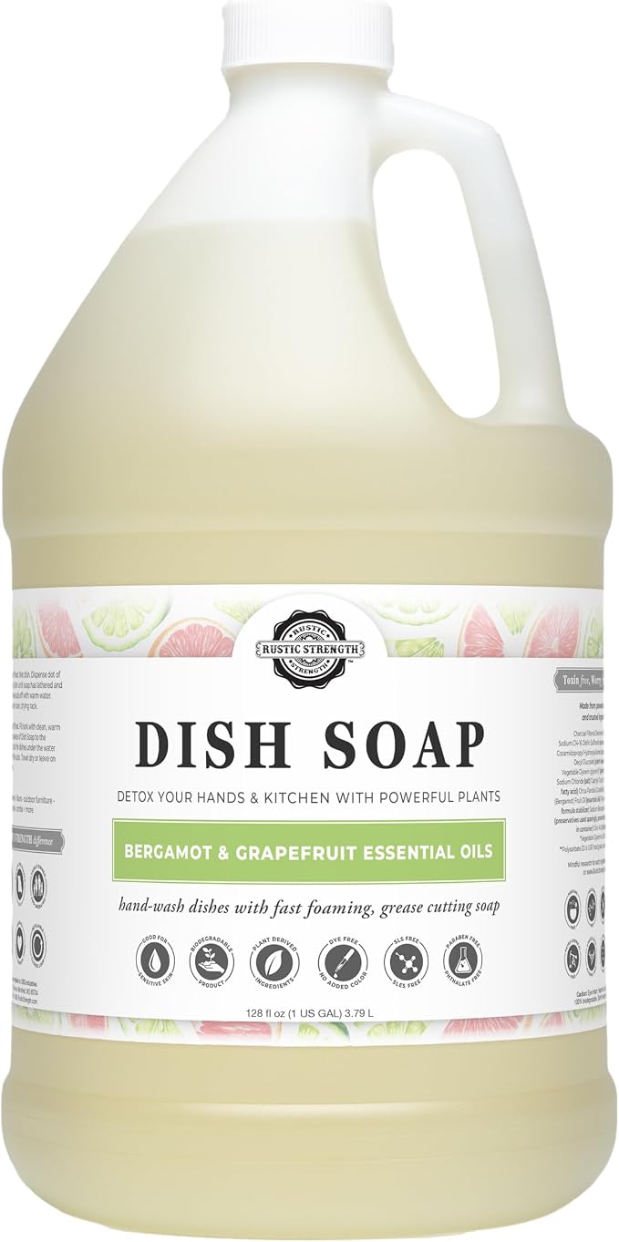 Rustic Strength Dish Soap, Bergamot & Grapefruit Scent, Gallon Plastic | Plant-Derived Cleansers,Helps Remove Grease and Food Residue,Rich Lather