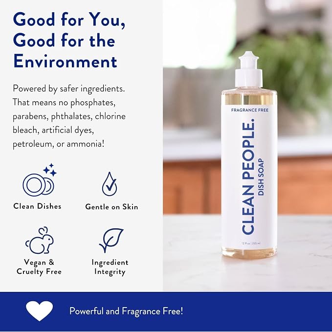 THE CLEAN PEOPLE Liquid Dish Soap - Clean, Simple Ingredients - Extra Scrubbing Power (Fragrance Free) 12 fl. oz (6 Pack)