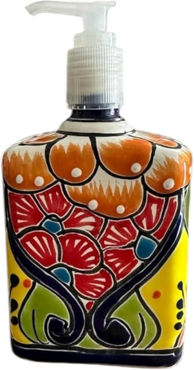 Talavera Soap Dispenser – Hand-Painted Mexican Pottery, Vibrant Ceramic Bathroom & Kitchen Decor (Large)