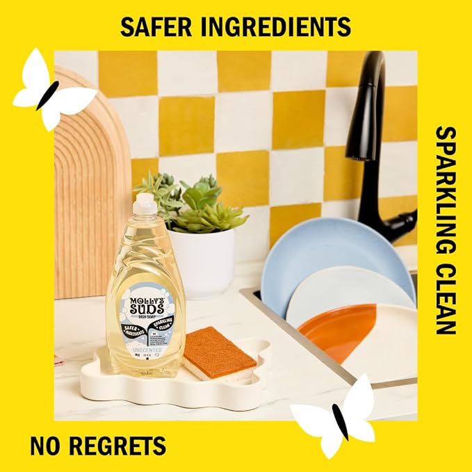Molly's Suds Liquid Dish Soap | Clean, Simple Ingredients | Extra Scrubbing Power | Unscented, 24 oz - 2 Pack