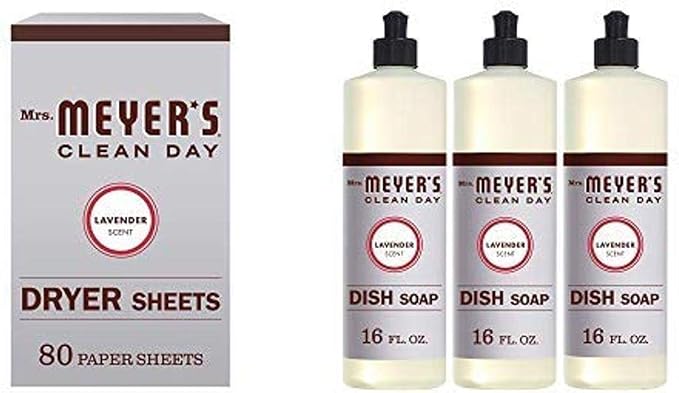 Mrs. Meyer’s Clean Day Dryer Sheets, Lavender Scent (Pack of 80) and Mrs. Meyer´s Clean Day Dish Soap, Lavender, 16 Fl Oz, 3 Ct