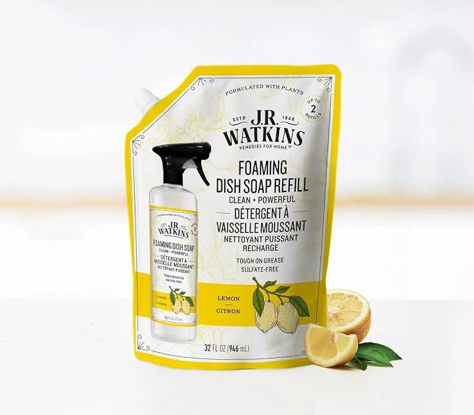 J.R. Watkins Foaming Dish Soap Refill Pouch, Crafted Clean & Cruelty Free, Lemon, 32 fl oz, 6 Pack