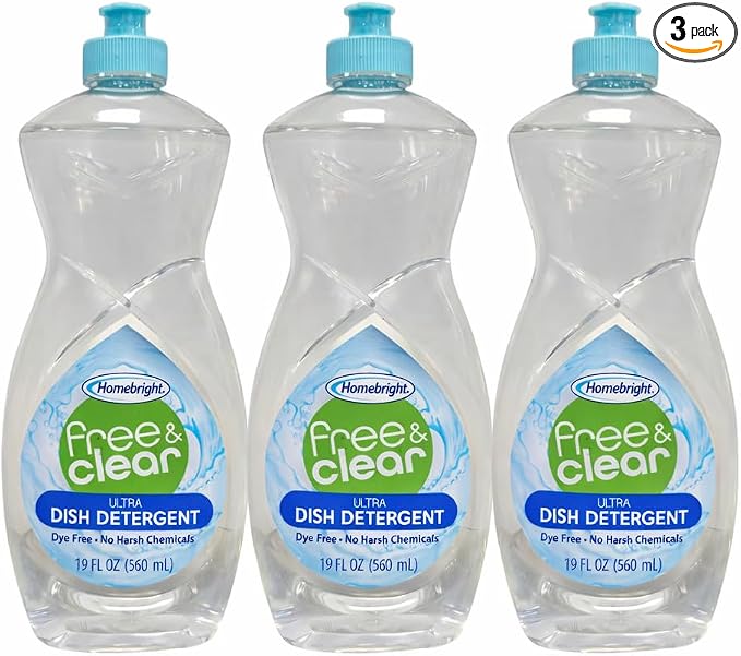 HOMEBRIGHT [ 3 Pack ] Free & Clear Concentrated Hypoallergenic Dish Detergent Baby Safe Gentle Formula No Dyes, No Harsh Chemicals 19 FL OZ (560 mL)