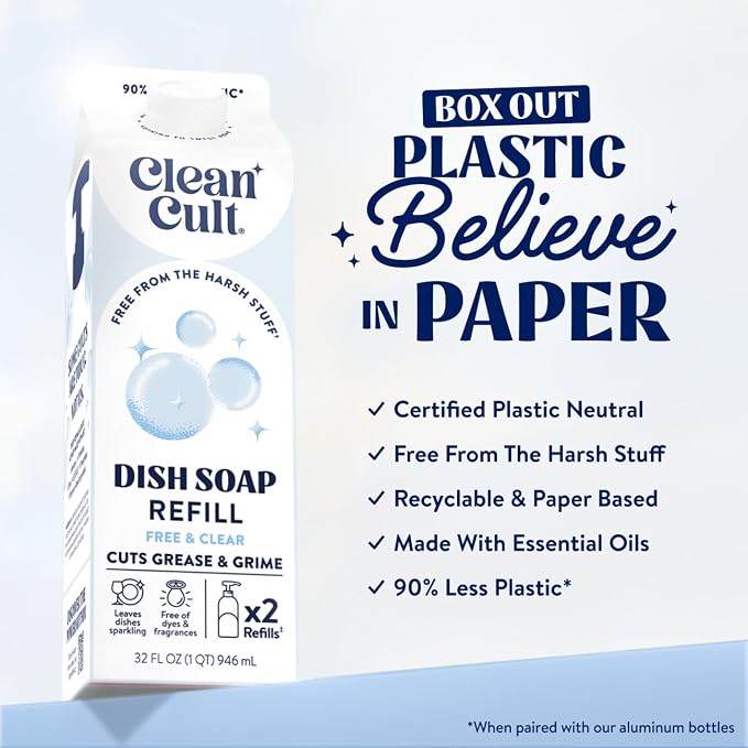 Cleancult Dish Soap Liquid Refill (32oz, 1 Pack) - Plant Based Cleaning Power - Dish Soap that Cuts Grease & Grime - Free of Harsh Chemicals - Uses 90% Less Plastic - Free & Clear