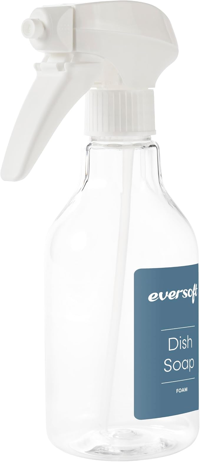 Eversoft Foaming Jet Dish Soap Spray Trigger Bottle for kitchen/bathroom/office/RV/Airbnb, 350 ml (12.0 oz), Sealed Refill Cartridges Sold Separately, Clear