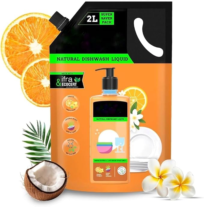 Natural Dishwash Liquid Refill Orange & Frangipani, 2L | Coconut-Based Surfactants, Natural Bio-Enzymes, Grease Removal, No Residue, IFRA & ECOCERT