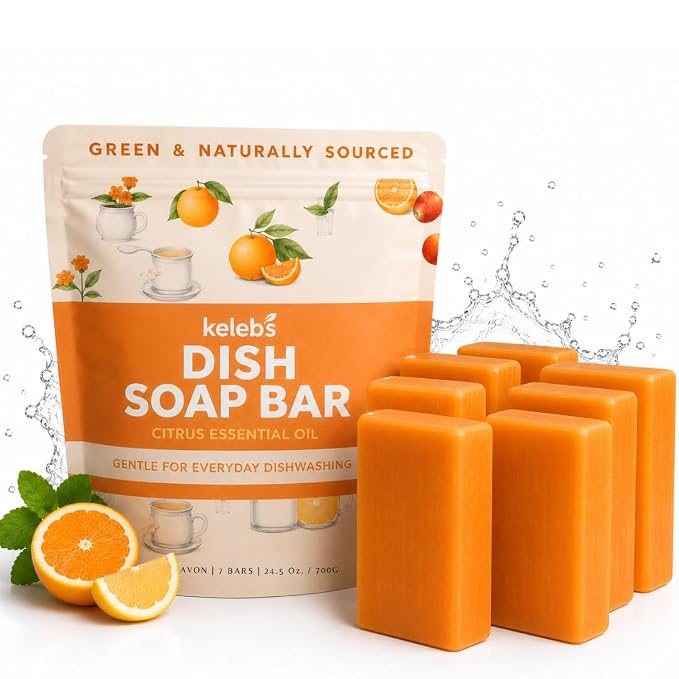 KELEBS 7 Dish Soap Bars | Citrus Essential Oil Formula | Natural & Organic Ingredients | Gentle on Hands | For Plant-Based Kitchens & Light Dishwashing | Biodegradable | No Overpour | Value Pack