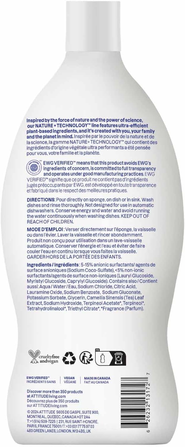 ATTITUDE Dish Soap, EWG Verified, Plant-Based & Vegan Dishwashing Liquid, Naturally Derived, Citrus Zest, 23.7 Fl Oz (Pack of 3)