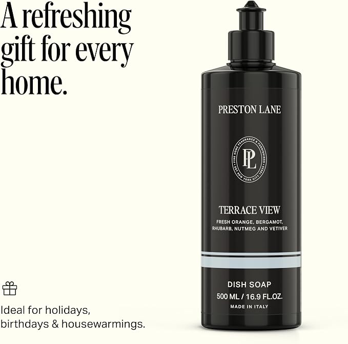 Preston Lane Liquid Dish Soap 16oz, Scented, Grease Cutting - Terrace View | Vegan Dishwashing Soap, Plant Based with Essential Oils, Gentle on Hands, Clean Ingredients