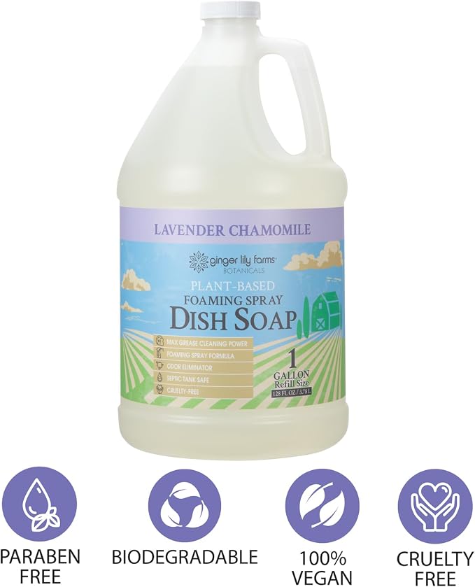 Ginger Lily Farms Botanicals Plant-Based Foaming Spray Dish Soap, Concentrated Formula with Max Grease Cleaning Power, Cruelty-Free, Lavender Chamomile Scent, 1 Gallon (Pack of 4)