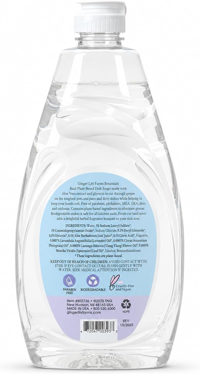Ginger Lily Farms Botanicals Plant-Based Liquid Dish Soap, Concentrated Formula with Max Grease Cleaning Power, Cruelty-Free, Basil Scent, 24 Fl Oz