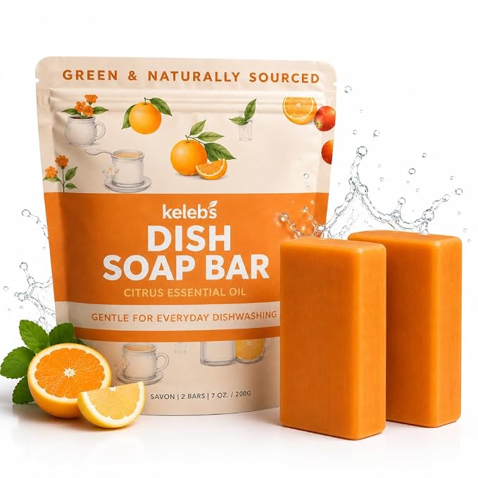 KELEBS 2 Dish Soap Bars | Citrus Essential Oil Formula | Natural & Organic Ingredients | Gentle on Hands | For Plant-Based Kitchens & Light Dishwashing | Biodegradable | No Overpour | Value Pack