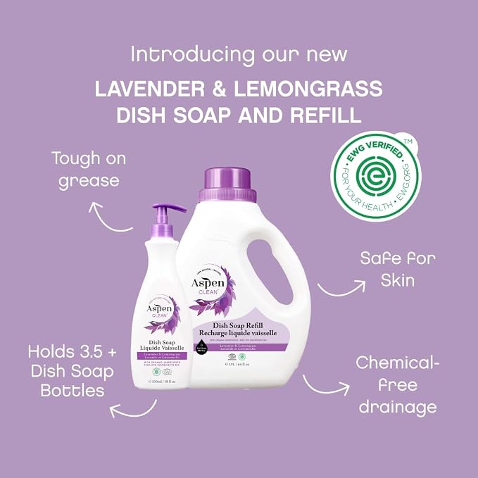AspenClean Dish Soap & Refill | Lavender & Lemongrass | 64 fl oz | EWG Verified | Liquid Dishwashing Detergent | Non-Toxic | 100% Natural | Refills Over 3.5 Standard Bottles