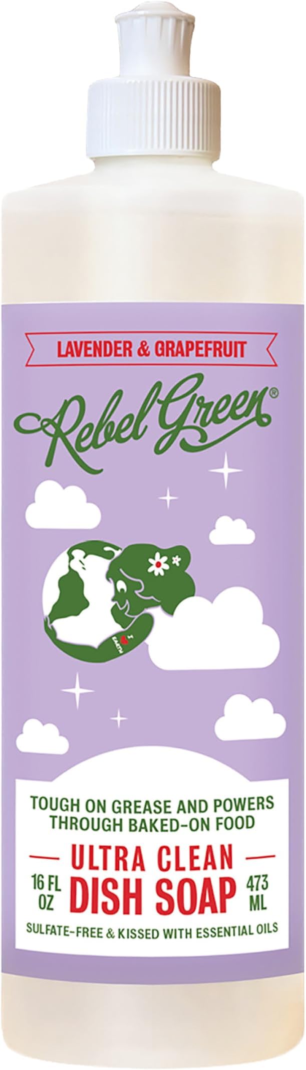 Rebel Green Ultra Clean Dish Soap, Plant-Derived Dishwashing Soap | Liquid Dish Soap for Grease and Tough Messes, No Harsh Chemicals, Lavender & Grapefruit Scent, 16 fl oz, 1 Pack