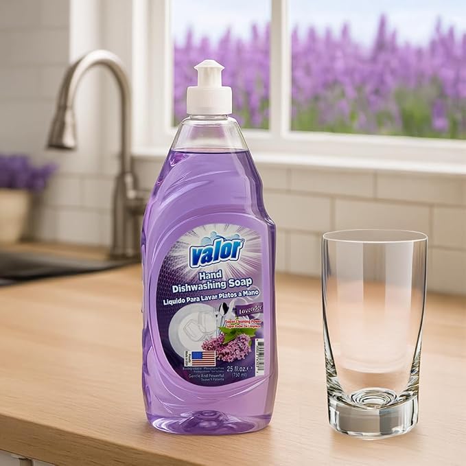 Valor Dishwashing Liquid, 25 fl oz – Dish Soap for Kitchen & Bathroom, Grease-Fighting, Gentle on Hands, Fast Rinse, Eco-Friendly Biodegradable Formula (25.5 oz (Pack of 6), Lavender)