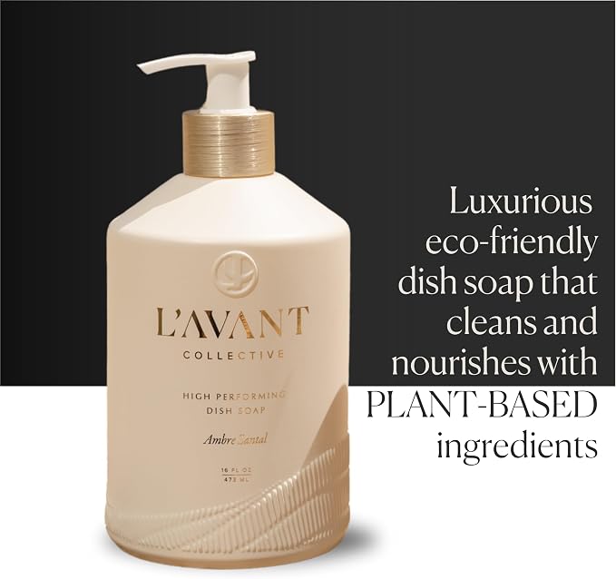 L'AVANT Plant-Based Luxury Dish Soap with Pump, Ambre Santal, 16 Fl Oz | Plant-based grease-cutting formula, refillable glass bottle with pump, gentle on hands, kid and pet safe, Ambre Santal scent