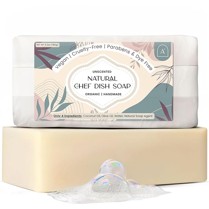 Natural Dish Soap Bar, Cleaning Dishes Solid Block for Kitchen - Organic Biodegradable Dishwashing, only 4 Ingredients, Gentle on Hands - Unscented (1 Pack, 6.3oz)