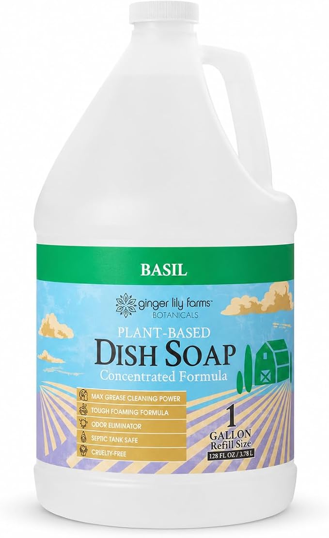 Ginger Lily Farms Botanicals Plant-Based Liquid Dish Soap, Concentrated Formula with Max Grease Cleaning Power, Cruelty-Free, Basil Scent, 1 Gallon Refill (128 Fl. Oz.)