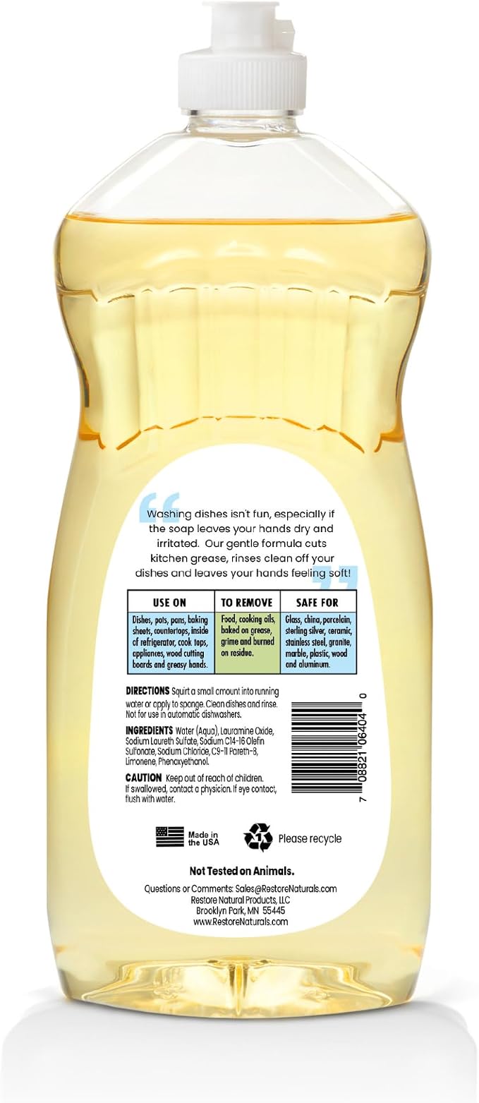 Restore Naturals Non Toxic Liquid Dish Soap - 25 Fl Oz - Plant Based | Biodegradable | Gentle Formula | Cruelty Free | Made in the USA - 2 Pack