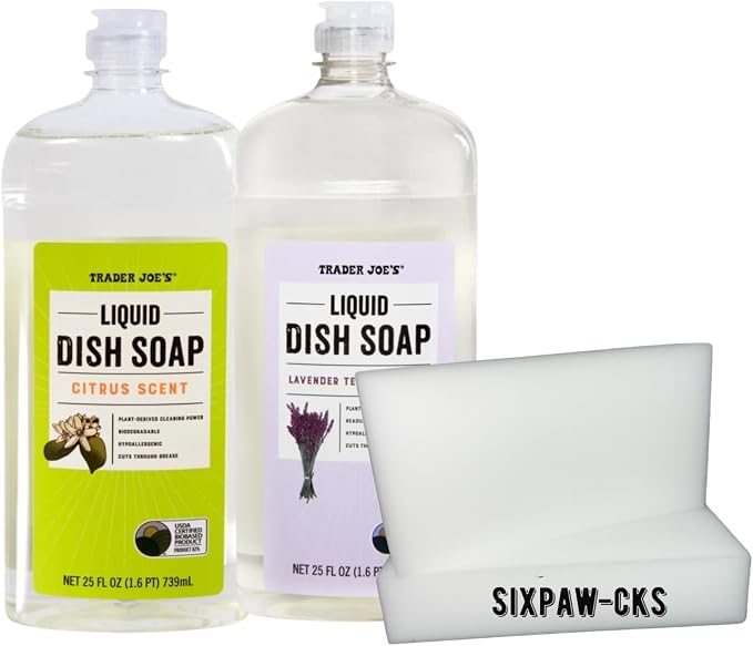 Trader Joes Liquid Dish Soap Varity Pack (Citrus and Lavender Te Tree) Scent 25.Fl (2 Pack) |Bundled Sponge all-purpose|