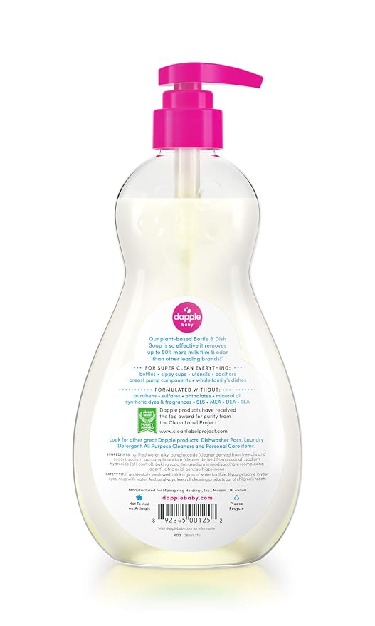 Dapple Baby Dish Bundle Includes Baby Bottle & Dish Liquid, Travel Size 3 Fl Oz and 16.9 Fl Oz Bottle, 2 ct., Fragrance-Free, Powered by Plants, Hypoallergenic