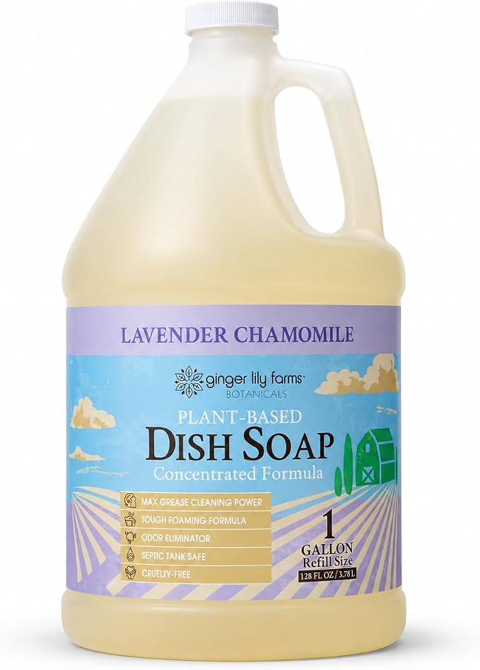 Ginger Lily Farms Botanicals Plant-Based Liquid Dish Soap, Concentrated Formula with Max Grease Cleaning Power, Cruelty-Free, Lavender Chamomile Scent, 1 Gallon Refill (128 Fl. Oz.)