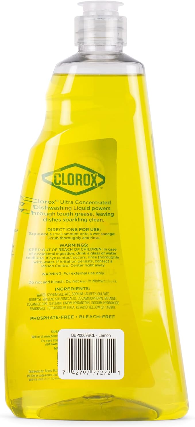 Clorox Ultra Concentrated Dish Soap with OXI, Lemon Scent, 26 Fl Oz | Bleach-free formula, dermatologist tested, cuts grease on contact, tough on baked-on stains