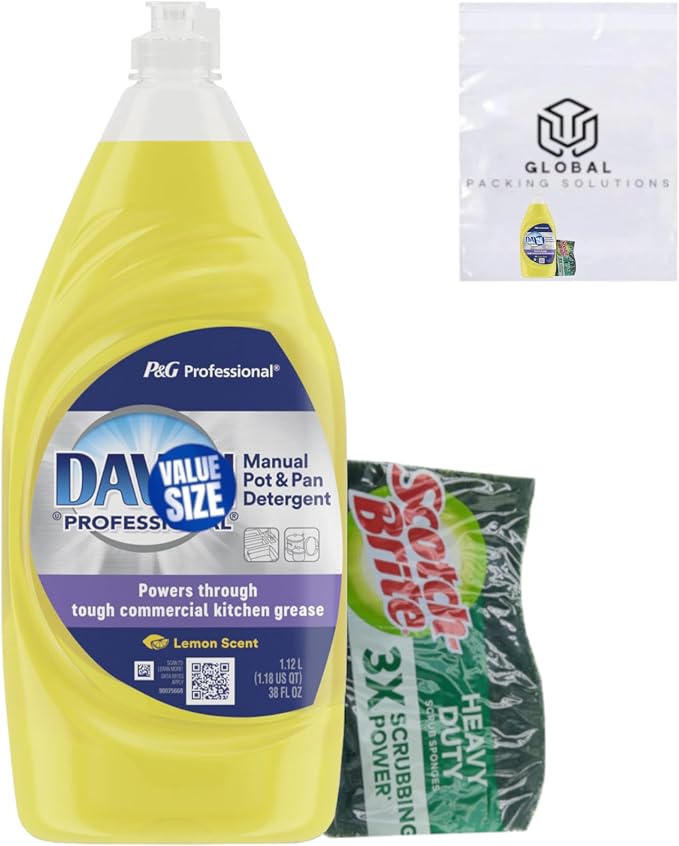 Dawn Professional Manual Pot & Pan Commercial Dish Soap, Lemon Scent, 38 Fl Oz bundled with Heavy Duty Scotch Brite Sponge