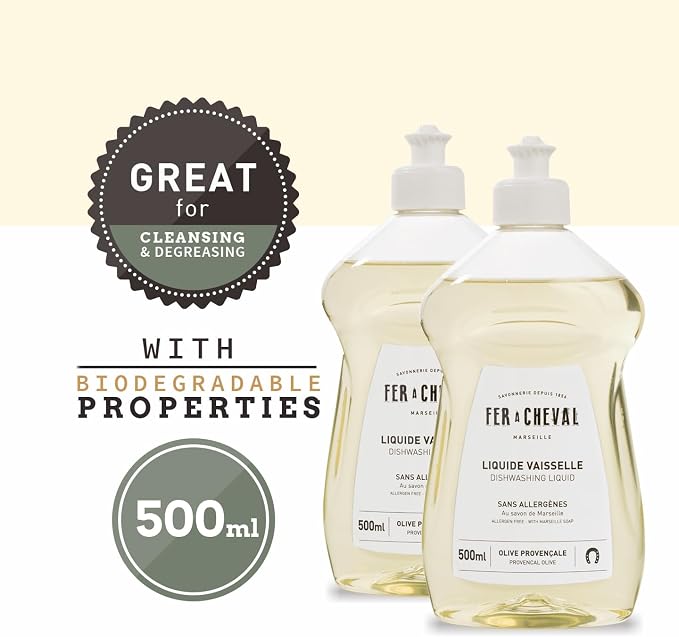 Fer à Cheval Marseille Dishwashing Soap, Allergen Free, Olive Oil Based, Made in France, Liquid Dish Soap, 2 Pack, 500 ml / 16.9 fl oz Each