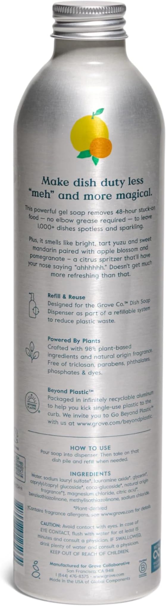 Grove Co. Dish Soap Refill, 1 x 16 fl oz Refill, Yuzu & Mandarin | Plastic-Free; Removes Stuck on Food; USDA Biobased; 98% plant-based ingredients; Natural Fragrance