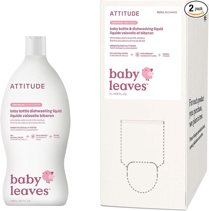 Bundle of ATTITUDE Baby Dish Soap, Plant-Based Dish Liquid, Extra Gentle on Sensitive Skin, Tough on Milk Residue & Grease on Bottles, Fragrance Free, 23.7 Fl Oz + Bulk Refill 67.6 Fl Oz