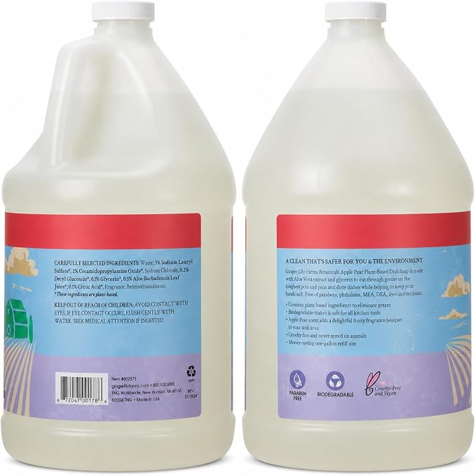 Ginger Lily Farms Botanicals Plant-Based Liquid Dish Soap, Concentrated Formula with Max Grease Cleaning Power, Cruelty-Free, Apple Pear Scent, 1 Gallon (Pack of 4)