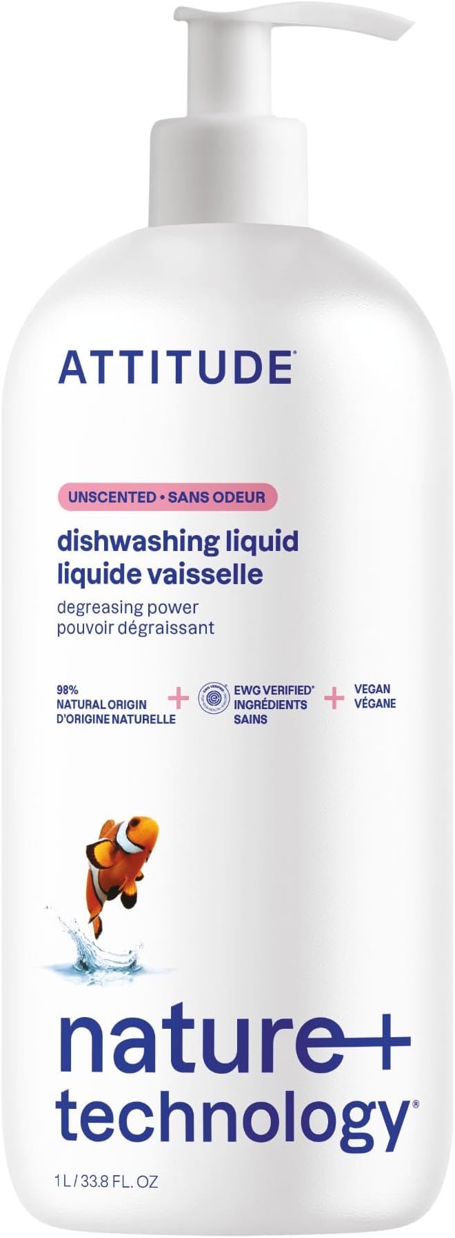 ATTITUDE Dish Soap, EWG Verified, Plant-Based & Vegan Dishwashing Liquid, Naturally Derived, Unscented, 33.8 Fl Oz