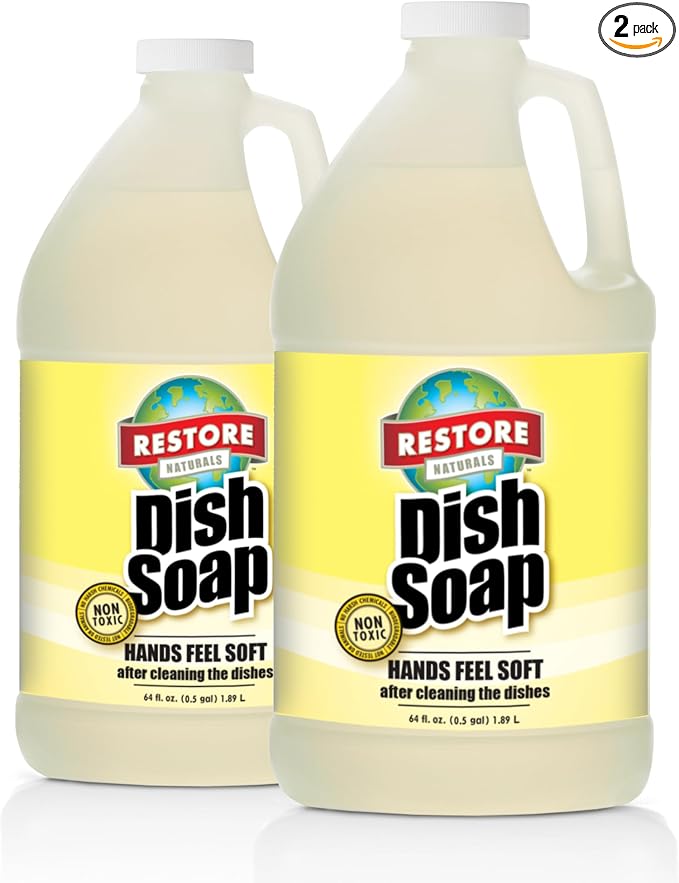 Restore Naturals Non Toxic Liquid Dish Soap - 64 Fl Oz - Plant Based | Biodegradable | Gentle Formula | Cruelty Free | Made in the USA - 2 Pack