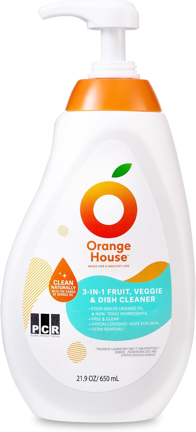 ORANGE HOUSE 3 in 1 Plant Based Dish Soap, Non Harmful Ingredients Veggie Wash, Orange Oil Fruit and Vegetable Wash, Convenient Fruit Wash, 21.9 Fl Oz Fruit Cleaner, Natural Dish Soap (1 Pack) | Cleans Dishes, Fruits & Vegetables, Eco Friendly Plant Ba...