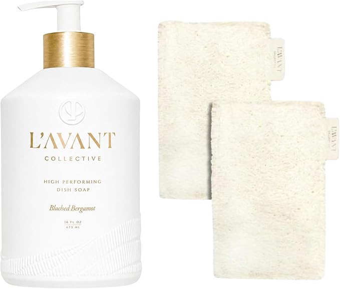 L'AVANT Collective The Ultimate Dish Wash Duo, Natural Luxury Dish Soap 16 Fl Oz with Refillable Glass Pump Bottle & 2 Loofah Dish Sponges for Pots, Pans, Dishes and Kitchen Cleaning, Blushed Bergamot