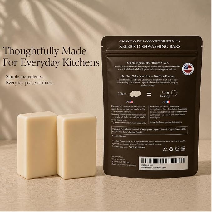 KELEBS Unscented Natural Dish Soap Bar, Organic Coconut, Non-Toxic, 5-Pack