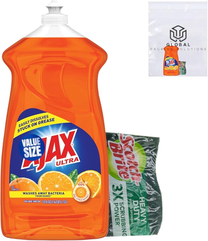 Ajax Triple Action Grease Cutting Dish Soap, Orange Scent, 52 Fl Oz bundled with Scotch Brite Heavy Duty Sponge