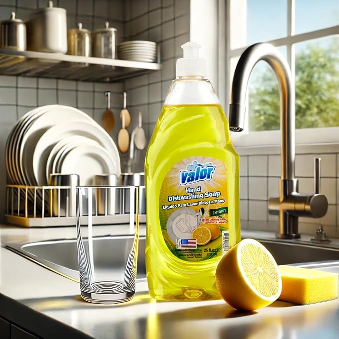 Valor Dishwashing Liquid, 25 fl oz – Dish Soap for Kitchen & Bathroom, Grease-Fighting, Gentle on Hands, Fast Rinse, Eco-Friendly Biodegradable Formula (25.5 oz (Pack of 6), Lemon)