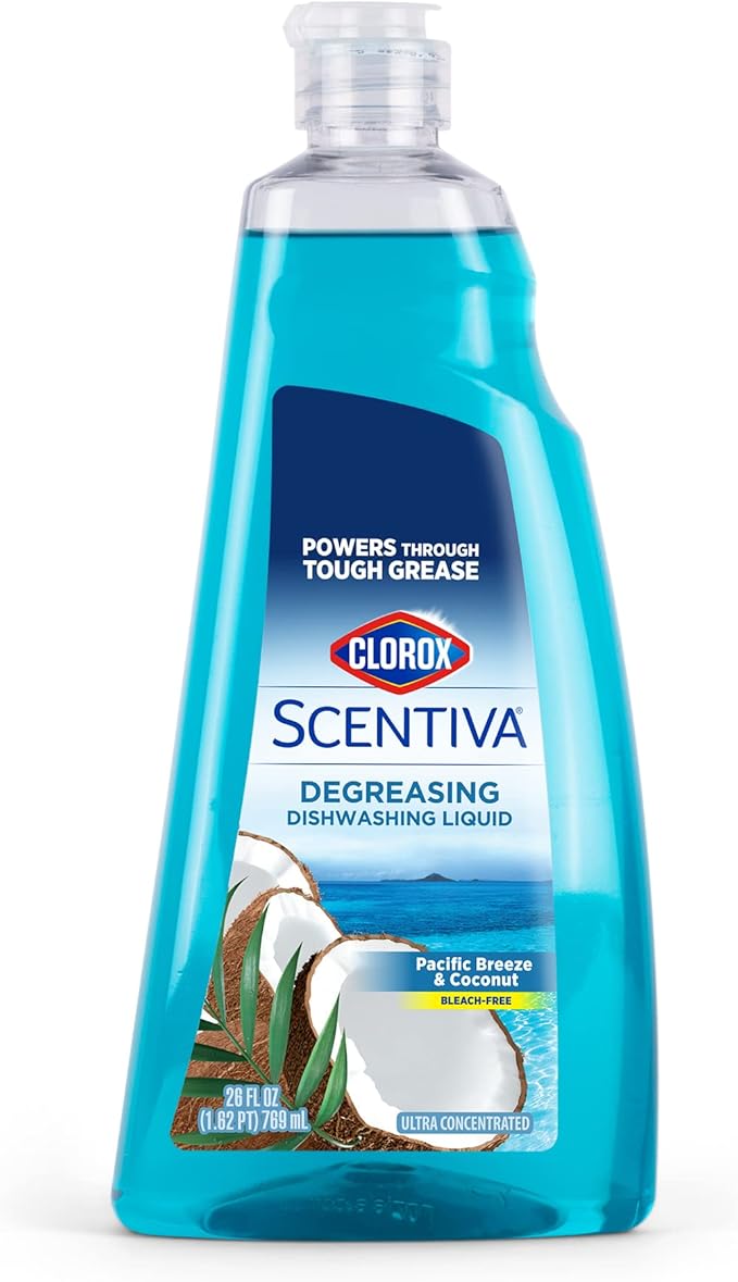 Clorox Scentiva Liquid Dish Soap, Pacific Breeze and Coconut, 26 Fl Oz | Ultra-concentrated formula, bleach-free, cuts through food residue, gentle on hands