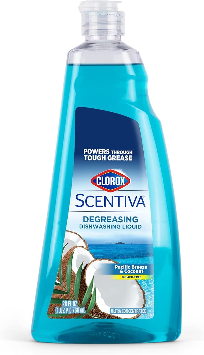 Clorox Scentiva Liquid Dish Soap, Pacific Breeze & Coconut, 26 Fl Oz, 2-Pk | Ultra-concentrated formula, bleach-free, cuts through food residue, gentle on hands