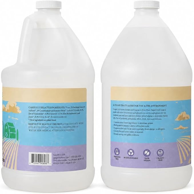 Ginger Lily Farms Botanicals Plant-Based Liquid Dish Soap, Concentrated Formula with Max Grease Cleaning Power, Cruelty-Free, Fragrance-Free, 1 Gallon Refill (128 Fl. Oz.), Clear