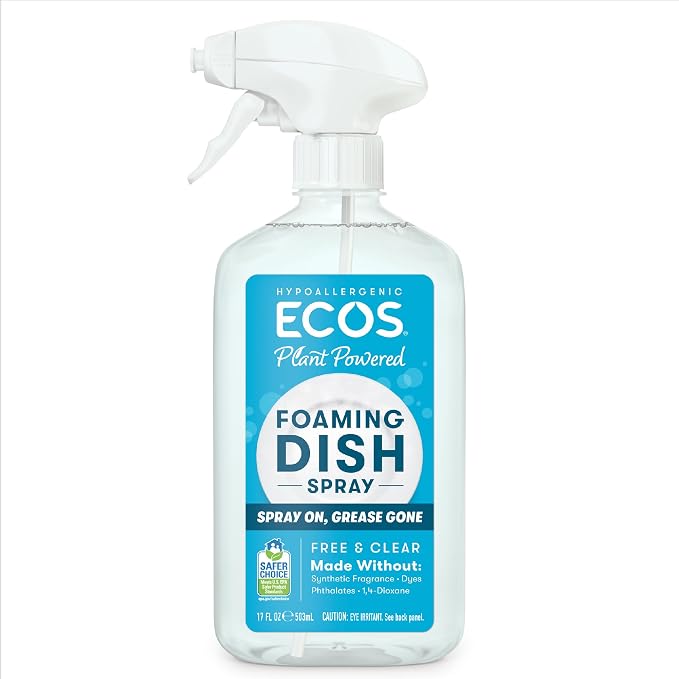 ECOS Foaming Dish Soap, Powerful Spray-On Formula, Saves Water, Wipe & Rinse Dish Cleaner - Hypoallergenic - Free & Clear, 17 Fl Oz (Pack of 4)
