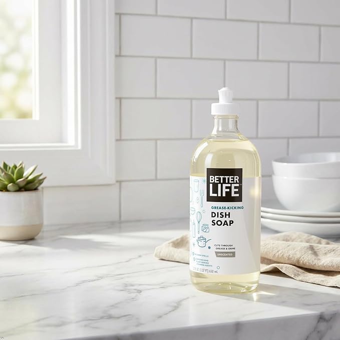 Better Life Liquid Dishwashing Soap for Home & Kitchen Sink - No Gloves Required Kitchen Soap for Sensitive Skin, Unscented, 22 Fl Oz
