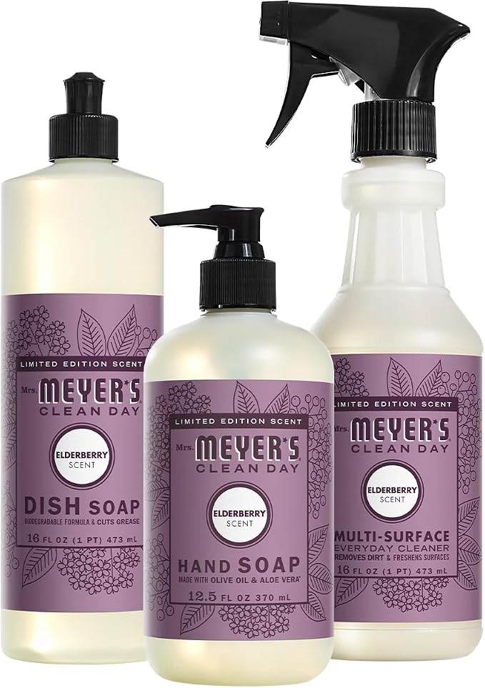 Mrs. MEYER'S Kitchen Set, Elderberry Scent, 1 Hand Soap, 1 Dish Soap & 1 Multi-Surface Cleaner, 3 CT (Variety Pack)