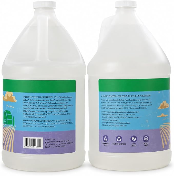 Ginger Lily Farms Botanicals Plant-Based Liquid Dish Soap, Concentrated Formula with Max Grease Cleaning Power, Cruelty-Free, Basil Scent, 1 Gallon Refill (128 Fl. Oz.)