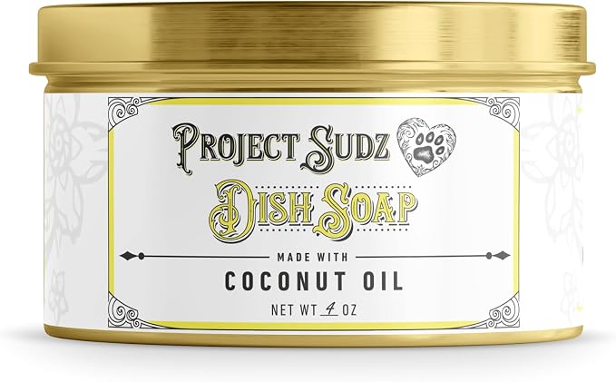 Project Sudz Solid Dish Soap | Plastic-Free Eco-Friendly Dishwashing Block | Made with Coconut Oil | 4 oz Reusable Tin | Zero Waste, Long-Lasting, Non-Toxic Grease Cutter