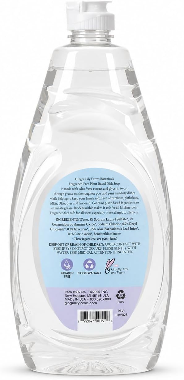 Ginger Lily Farms Botanicals Plant-Based Liquid Dish Soap, Concentrated Formula with Max Grease Cleaning Power, Cruelty-Free, Fragrance-Free, 24 Fl Oz